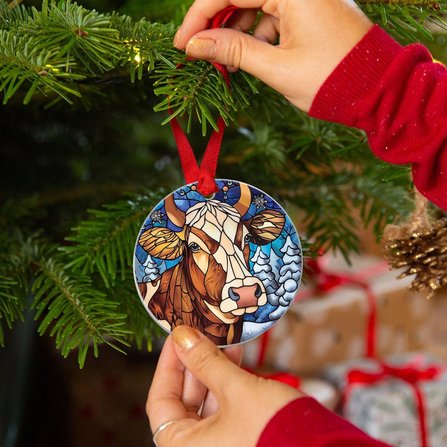 Fastpeace Dairy Cow Christmas Ornament - Stained Glass Style Cow Ornament - Perfect Hanging Decoration for Christmas Tree - Gift for Family, Friends (Cow Acrylic)