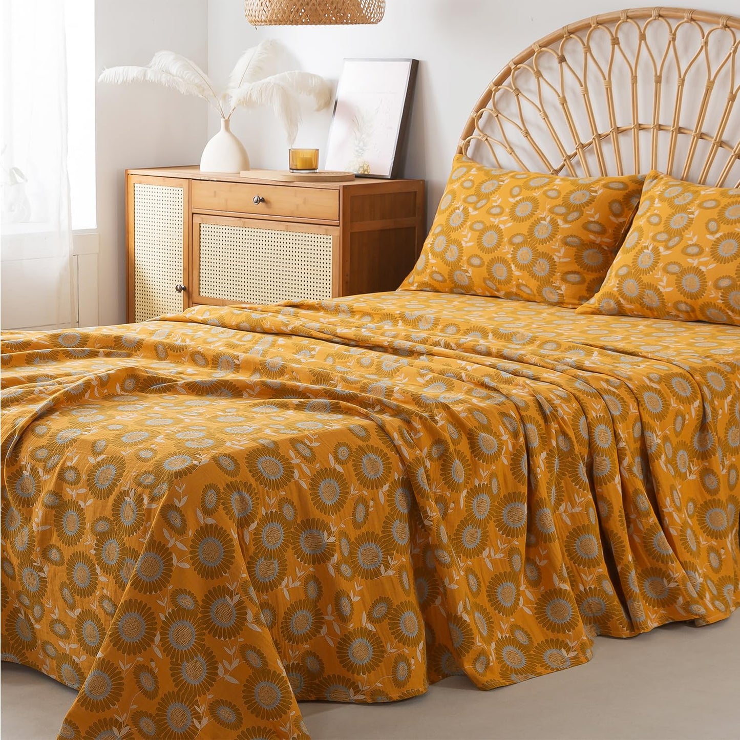 FADFAY Double Gauze 100% Cotton Queen Sheets Set Floral Bed Sheets Deep Pocket Fitted Sheet, Luxury Sunflower Pattern Shabby Vintage Countryside Style Bedding 4Pcs