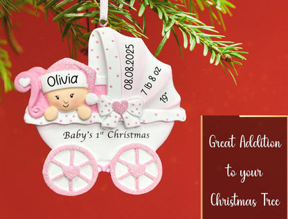 UniqXmas Personalized Baby's First Christmas Ornament 2025 | Baby Girl Carriage Xmas Tree Decoration Pink Stroller | My 1st Xmas Keepsake for New Baby Newborn Grandbaby - Custom Name & Year
