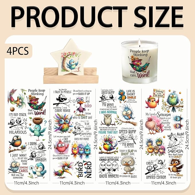 4 Sheets Rub on Transfers for Crafts, Funny owl Furniture Transfers for Wood