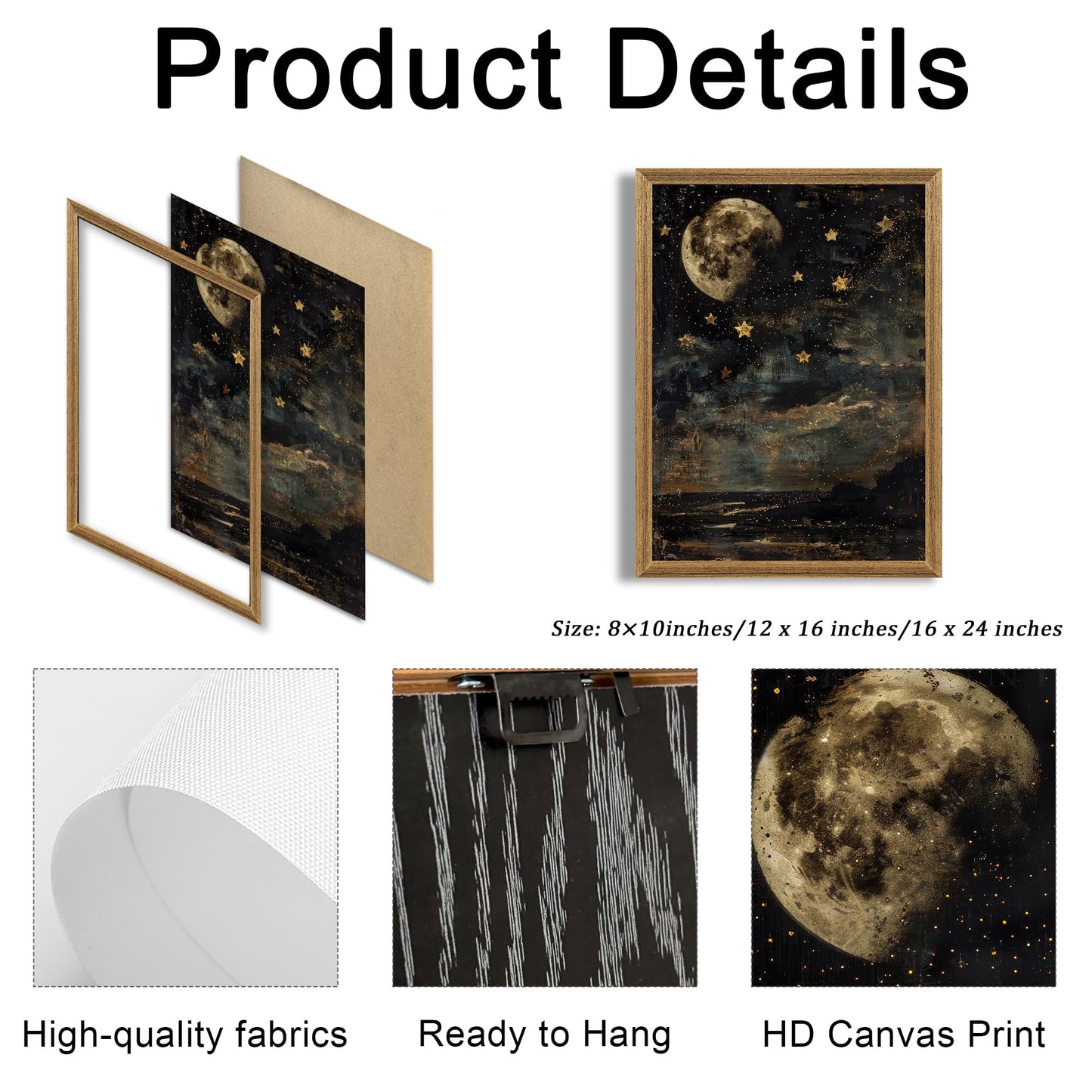 Palette Dreams Framed Vintage Moon and Stars Canvas Wall Art 12x16 inches