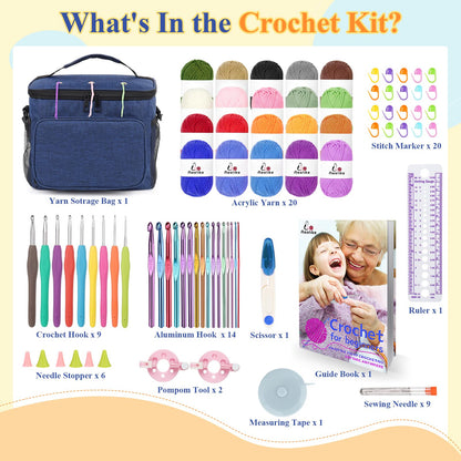 Aeelike Complete Beginner Kit 87PCS, Crochet Kit for Beginners Adults, Navy Portable Yarn Bag, 23 Crochet Hooks,Yarn 20 Colors Skeins, Instruction & Crocheting Accessories
