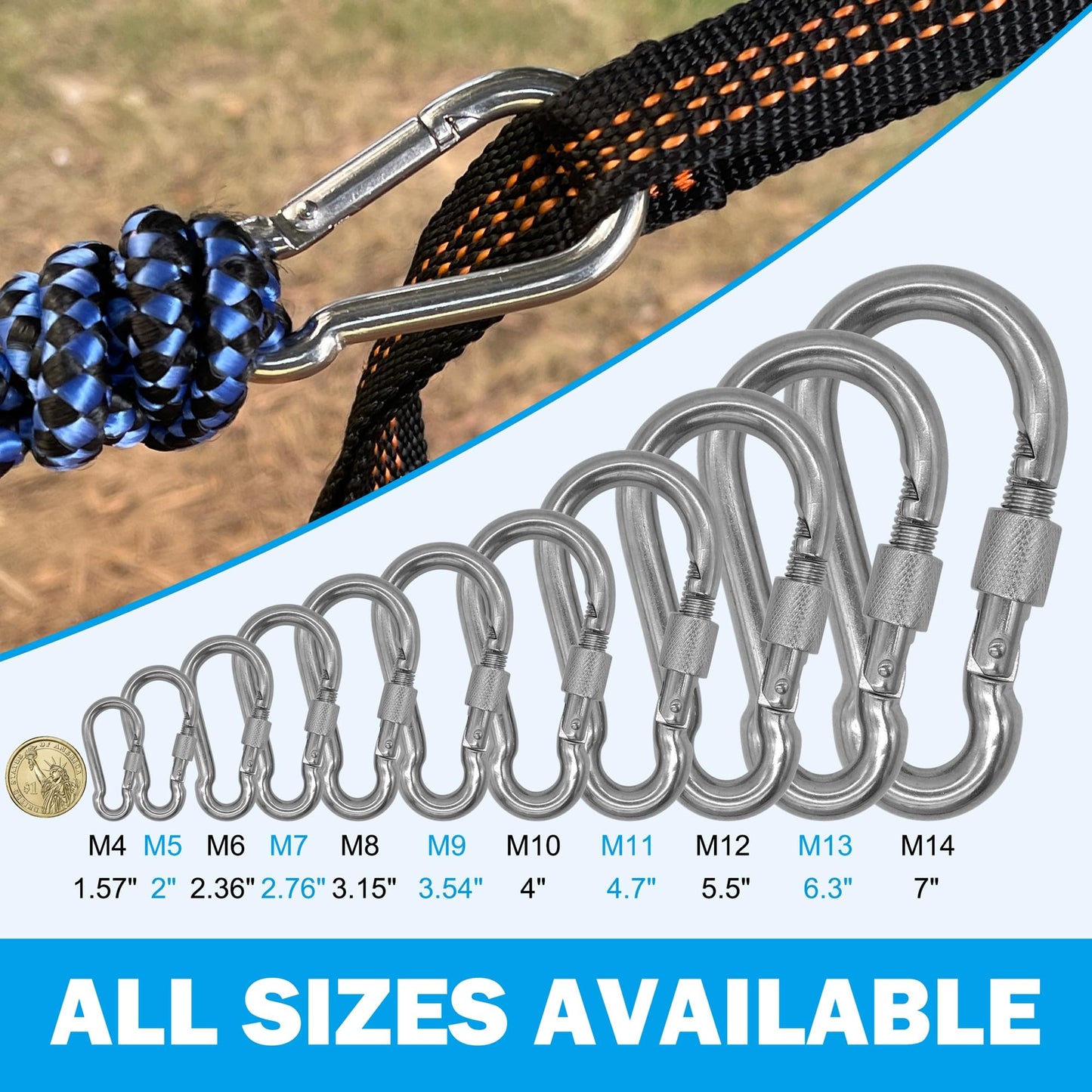 Outmate 304 Stainless Steel Carabiners -2.36 inch Heavy Duty, Durable & Rust-Free Clips for Gym, Swing, Dog Leashes, Hammocks, Keychains, and More(304,M6 with Screw,Pack of 6)