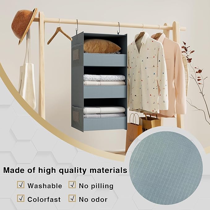 3-Shelf Hanging Closet Organizer and Storage, Foldable Hanging Closet Shelves