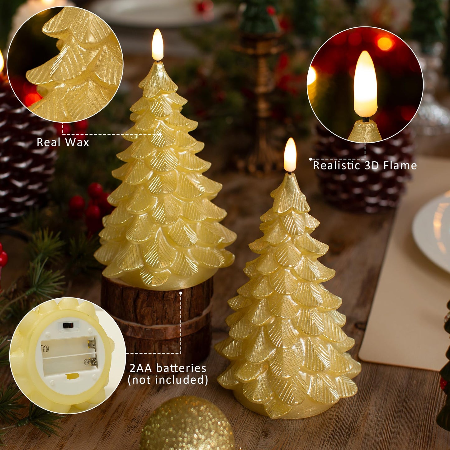 LUSHARBOR Flameless Candles with Remote Timer, 2 Pack Christmas Tree Candles Battery Operated LED Candles Real Wax Holiday Christmas Decoration for Bedroom Party Festival Gift Gold
