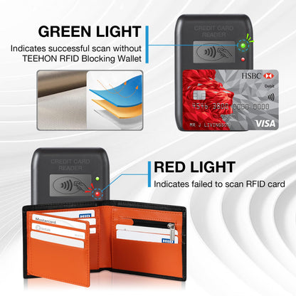 TEEHON Wallets for Men UK with RFID Blocking Slim Wallet with Coin Pocke, 11 Card Slots, 2 Note Pockets, ID Window & Gift Box - Black & Orange