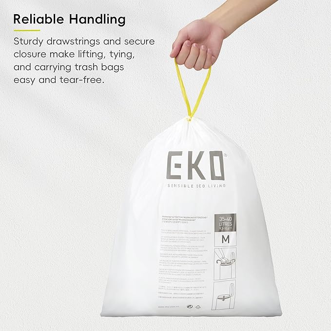 EKO 10.6 Gallon / 35–40 Liter Drawstring Trash Bags, Extra-Strong Leak-Resistant