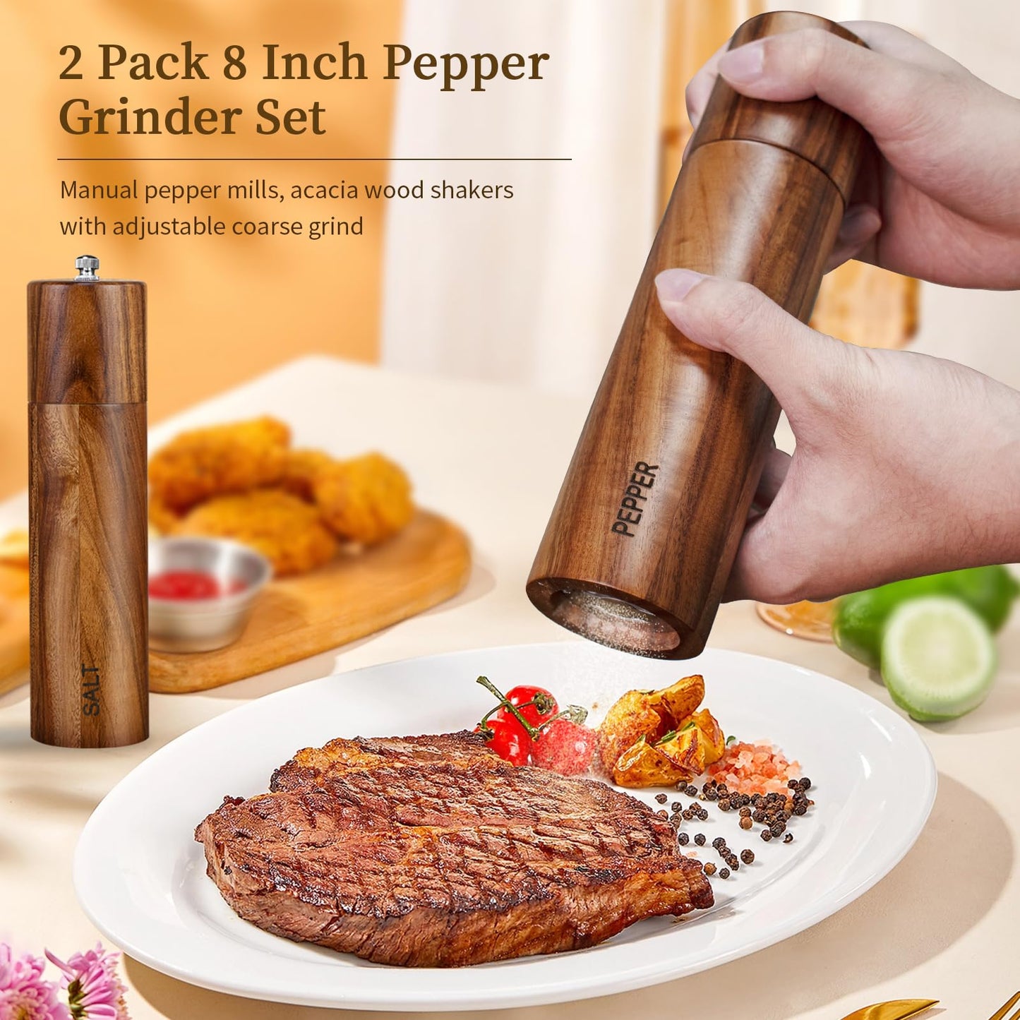 XWXO 2 Pack Acacia Wooden Salt and Pepper Grinder Set 8 Inches Refillable Salt and Pepper Mills Adjustable Coarseness, Acacia Wood with Ceramic Core Peppercorn Shaker Tableware Birthday Gifts