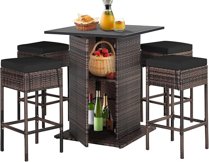 Tangkula 5 Piece Outdoor Rattan Bar Set, Patio Bar Furniture