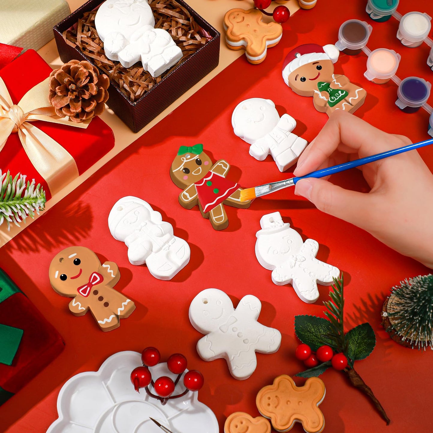 TecUnite 28 Pcs Ceramic to Paint Christmas Ornament Crafts Adults Unpainted DIY Ceramic Figurines Decorate and Paint Your Own Ornaments Kits DIY Craft Xmas Holiday Activities(Gingerbread Man)