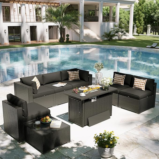 Aoxun Patio Furniture Set with Fire Pit Table, 8 Piece Outdoor Sectional Sofas