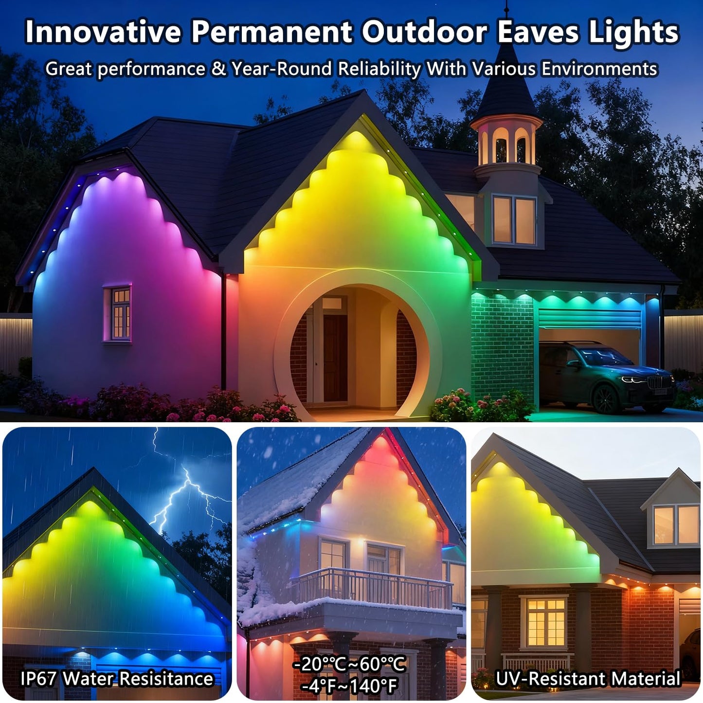 YOUBST Permanent Outdoor Lights for House: 100FT 60LED Smart RGB Eave Light for Christmas Decor, Warm/Cool Lighting for Daily Decorations,IP67 Waterproof,Compatible with Alexa Google Assistant
