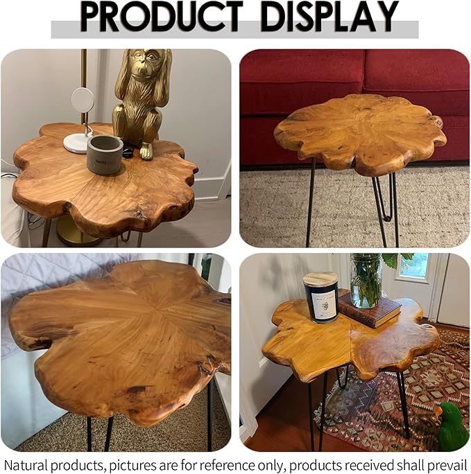 23.6 Inch Live Edge Side Table, Wood Freeform Small End Table