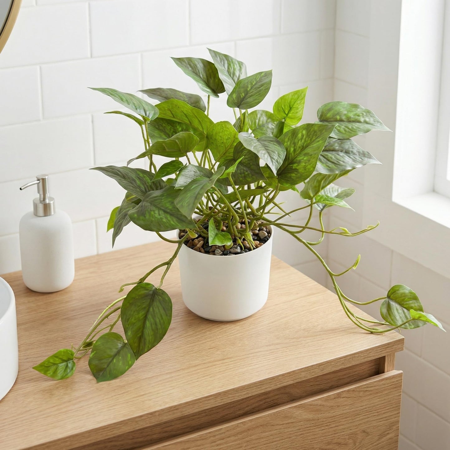 TentoWhan Artificial Plants Faux Pothos with Plastic White Pot Artificial Potted Plant for Home Office Bedroom Indoor Outdoor Decor 1 Pack(Dark Green)