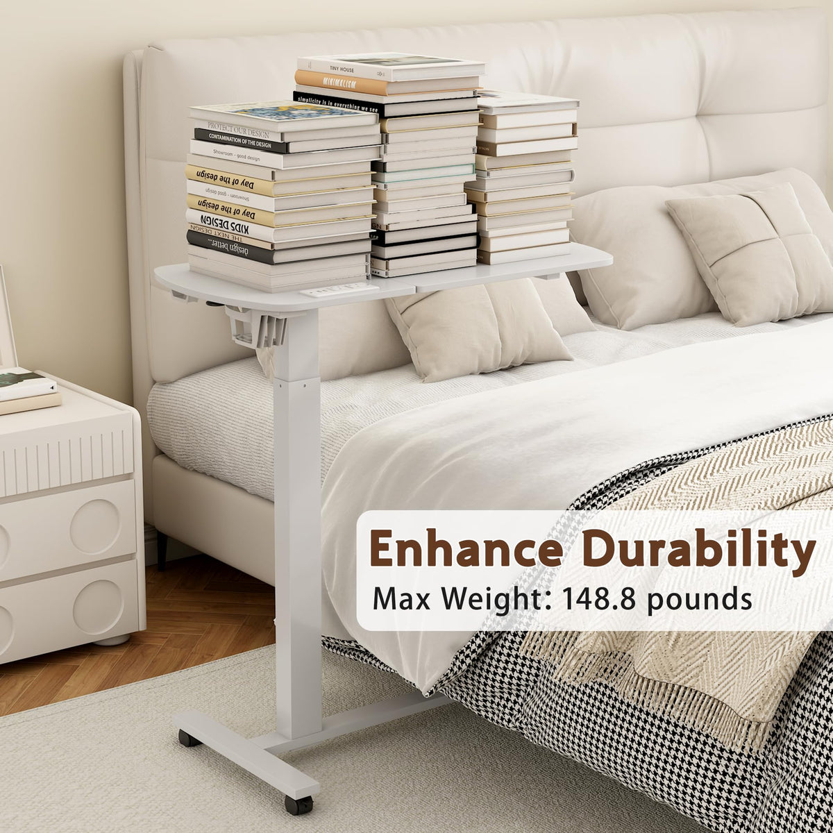 6 In 1 Overbed Bedside Table with Wheels, 32'' Long 90° Medical Adjustable Tilt Hospital Bed Table, Standing Desk with Charging Station Cup Holder Hook, 30''-43'' Height Home Hospital Office (White)