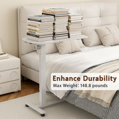 6 In 1 Overbed Bedside Table with Wheels, 32'' Long 90° Medical Adjustable Tilt Hospital Bed Table, Standing Desk with Charging Station Cup Holder Hook, 30''-43'' Height Home Hospital Office (White)