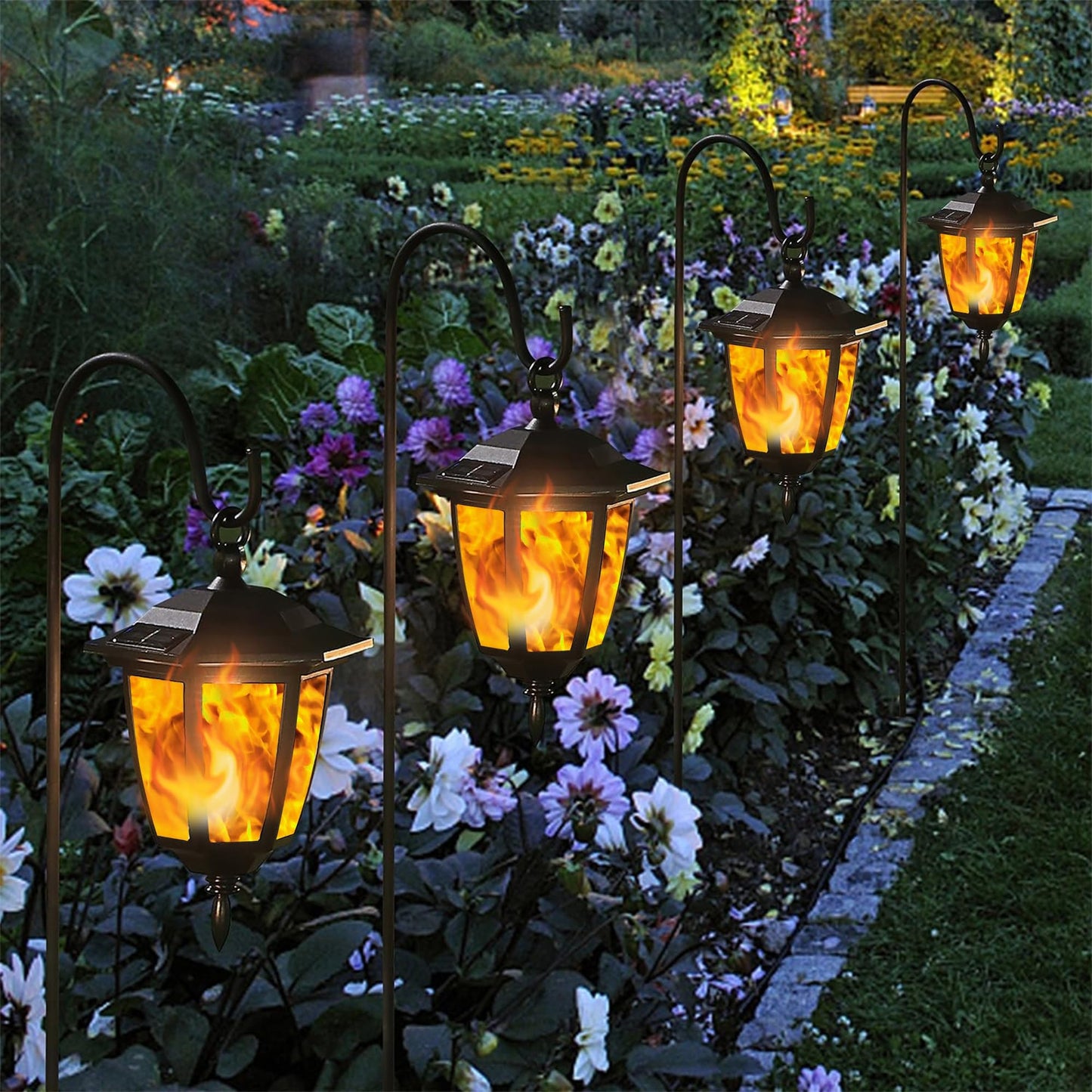 Dynaming 6 Pack Solar Flame Hanging Lights Outdoor, Halloween Solar Flickering Flame LED Garden Lanterns with 6 x 38 Inch Shepherd Hooks, Christmas Lighting for Lawn Patio Yard Pathway Driveway