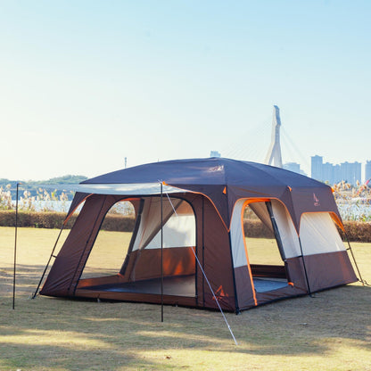 KTT Extra Large Tent 14 Person,Family Cabin Tents,2 Rooms,3 Doors and 3 Windows with Mesh,Straight Wall,Waterproof,Double Layer,Big Tent for Outdoor,Picnic,Camping,Family Gathering(Brown)