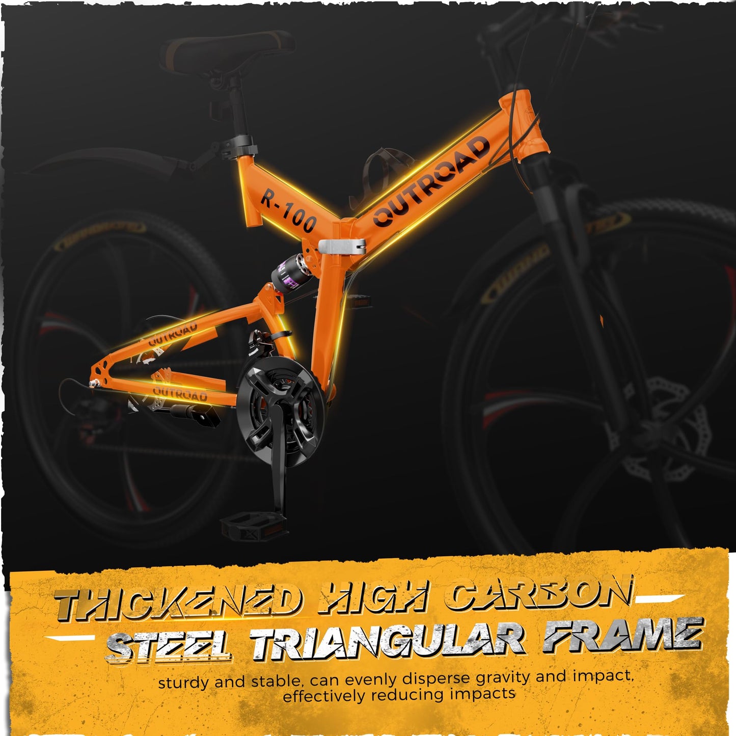 Outroad 26 Inch Folding Mountain Bike, 21 Speed Full Suspension High-Carbon Steel MTB Foldable Bikes, Dual Disc Brake Non-Slip Folding Bicycle for Adults/Men/Women, 26 inch-Orange