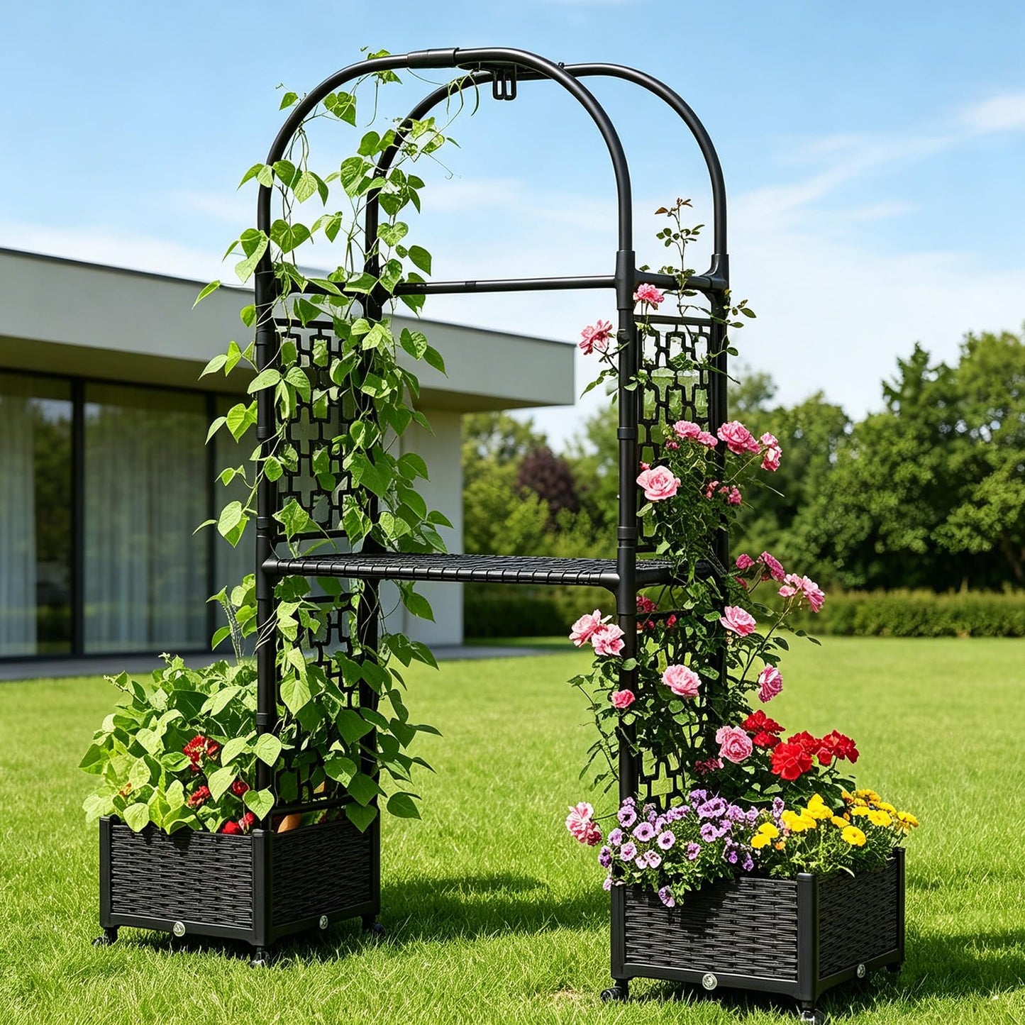 MQHUAYU 71"x16"x32" Planter Box with Trellis, 3-in-1 Self-Watering Planter Box with Wheels for Patio,Raised Garden Bed with Trellis, Drainage Holes & Metal Storage Rack for Vine Climbing Plants