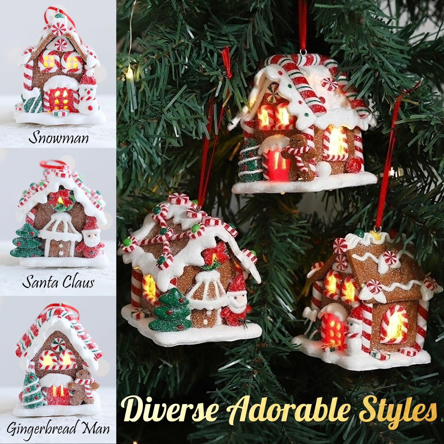 3Pcs Christmas Gingerbread House Hanging Ornaments for Xmas Tree,3D Light-Up Handmade Clay Gingerbread Candy House with Santa Claus Snowman for Christmas Eve New Year Winter Holiday Party Decorations
