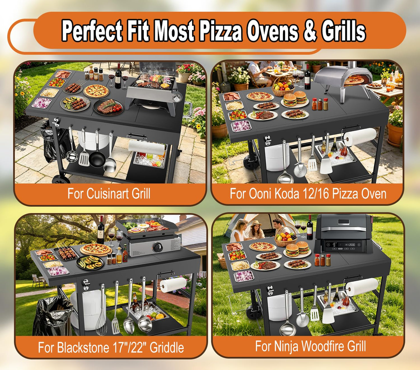 Barbqtime Pizza Oven Table with Topping Station, Outdoor Pizza Oven Cart, Grill Cart for Ninja, Cuisinart, Gozney, Movable BBQ Prep Table Station with Seasoning Tray for Patio, Kitchen, Backyard