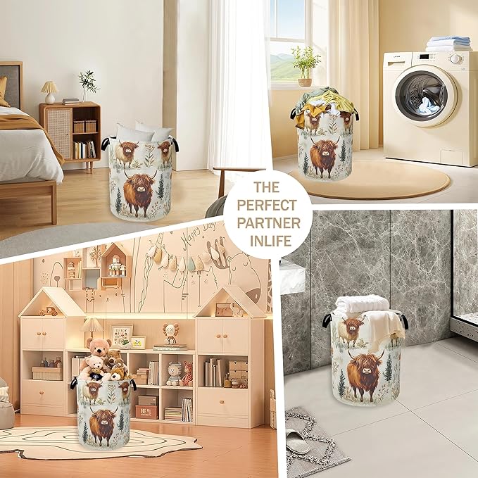 Laundry Hamper, Highland Cow Laundry Basket, Farmhouse Watercolor Flower