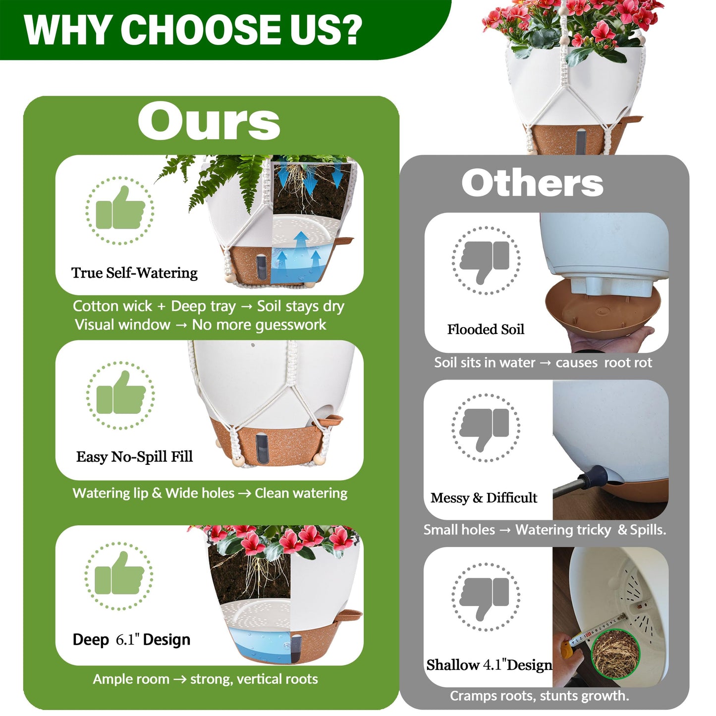 10 Inch Hanging Planters for Indoor Plants, 2 Pack Self Watering Hanging Baskets Flower Pots with Drainage Hole, Visual Reservoir & 2 Kinds of Plant Hanger for Outdoor Garden Home Decor (White)