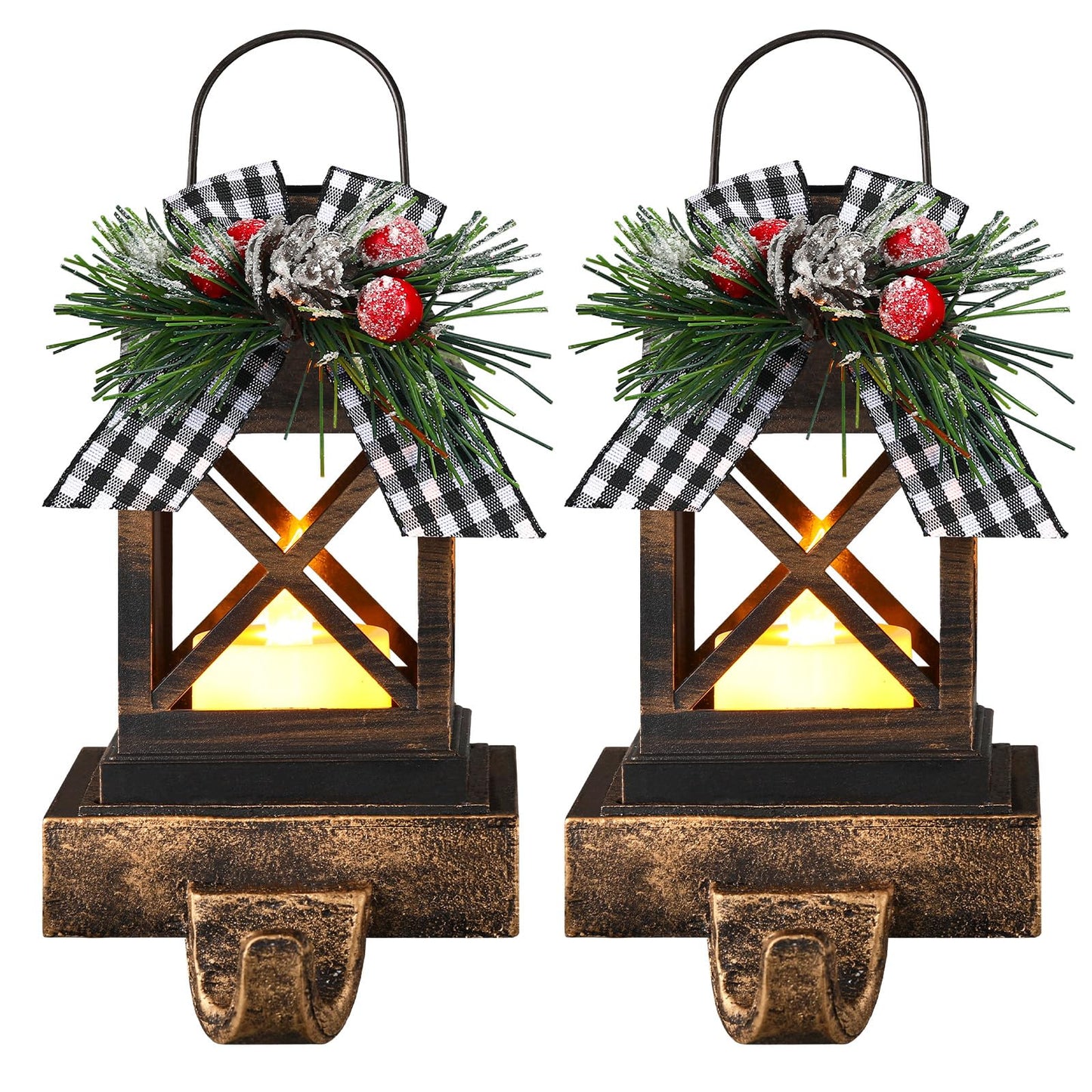 Therwen 2 Pcs Christmas Stocking Holders Lantern Christmas Stocking Hangers for Mantel Xmas Hooks Decorative Retro Light up Holders for Home Indoor Outdoor Decor(Classic,Bronze)