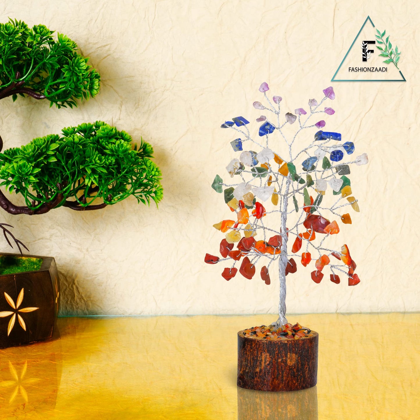 FASHIONZAADI Seven Chakra Natural Stone Feng Shui Bonsai Money Tree for Chakras Balancing Good Luck Crystals Healing Table Décor Health Prosperity Size 7-8 inch (Silver Wire)