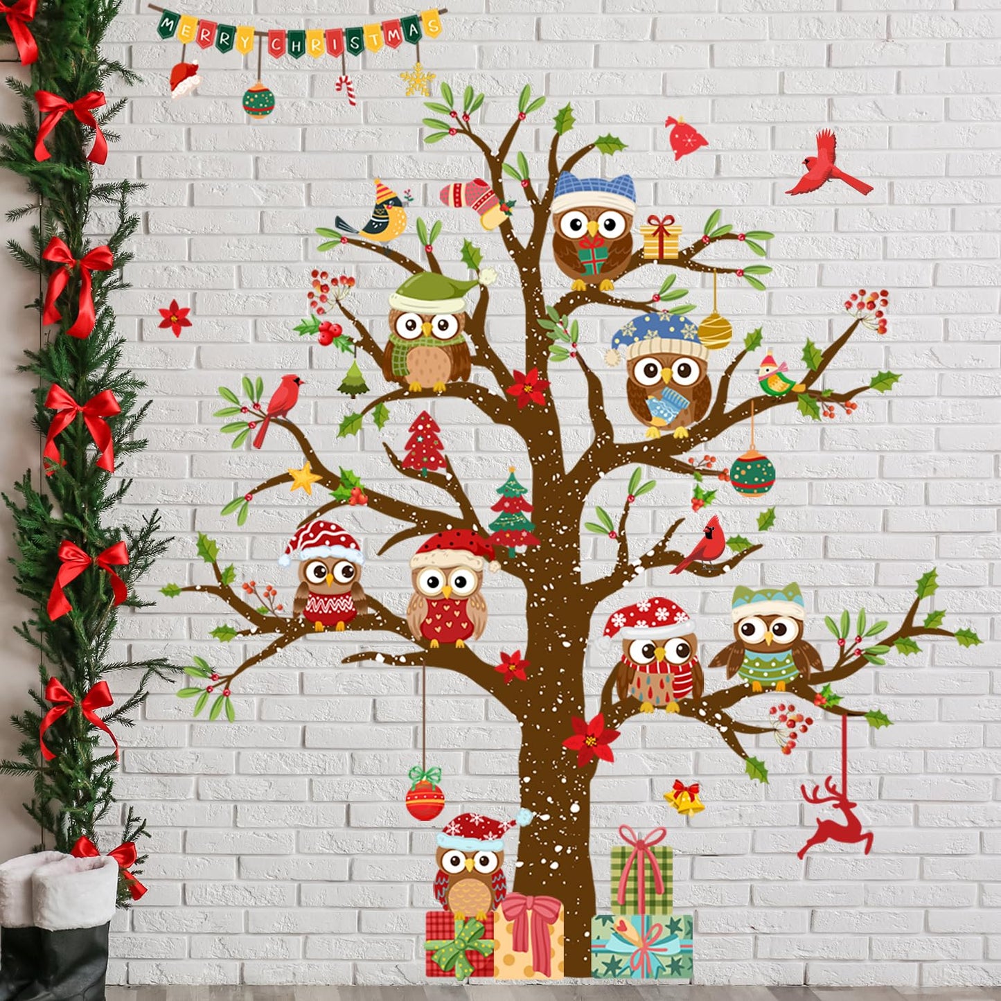 Christmas Tree Wall Stickers Vinyl Cute Owl Wall Decals Peel and Stick Decal for Home Office Walls Windows Doors Christmas Decor (35.43inch x 11.81inch, 3 Sheets)