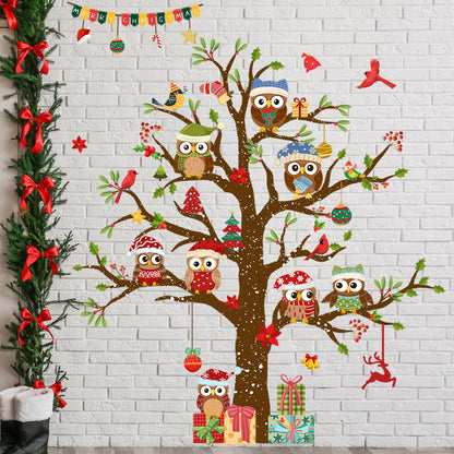 Christmas Tree Wall Stickers Vinyl Cute Owl Wall Decals Peel and Stick Decal for Home Office Walls Windows Doors Christmas Decor (35.43inch x 11.81inch, 3 Sheets)