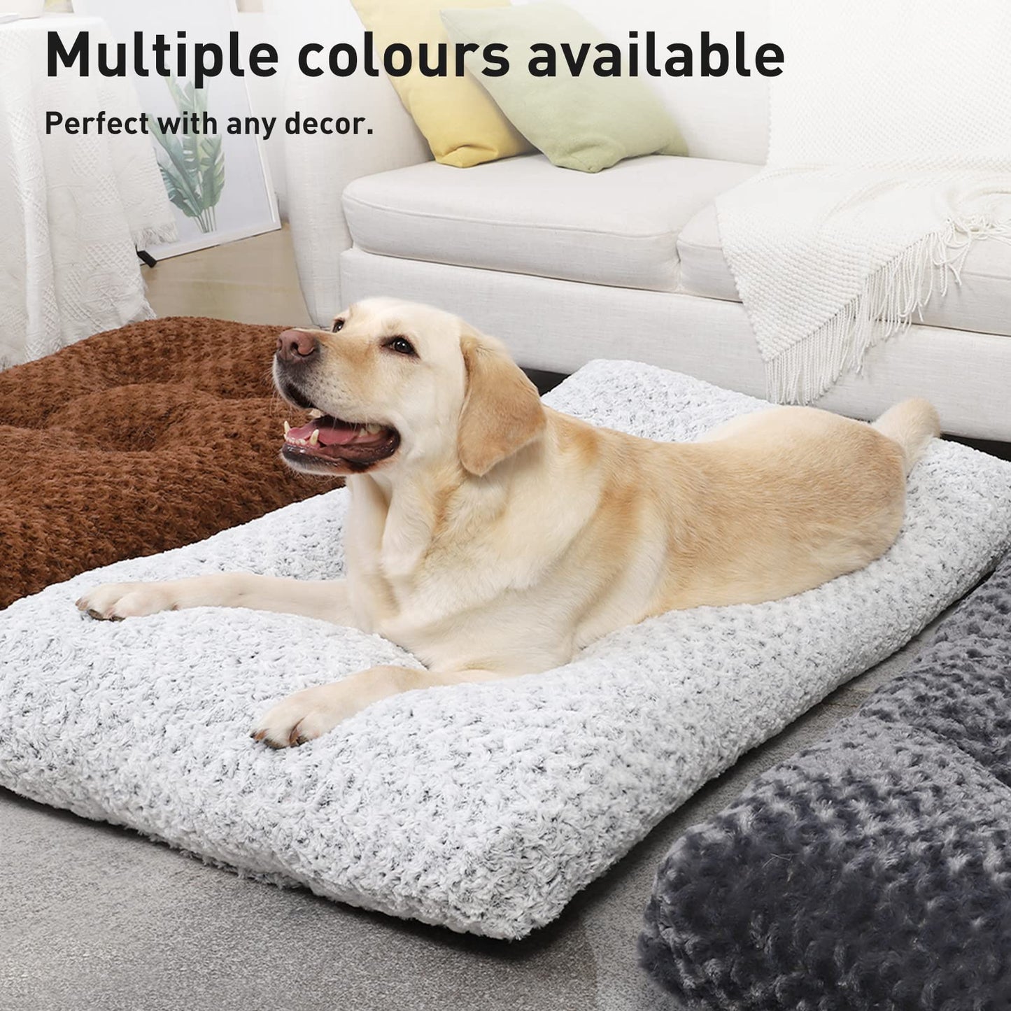 KSIIA Large Dog Bed Washable, Calming Crate Mattress with Non Skid Bottom, Fluffy Anti Anxiety Dog Beds, Pet Pillow Cushion, Dark Grey, 90x60x8cm