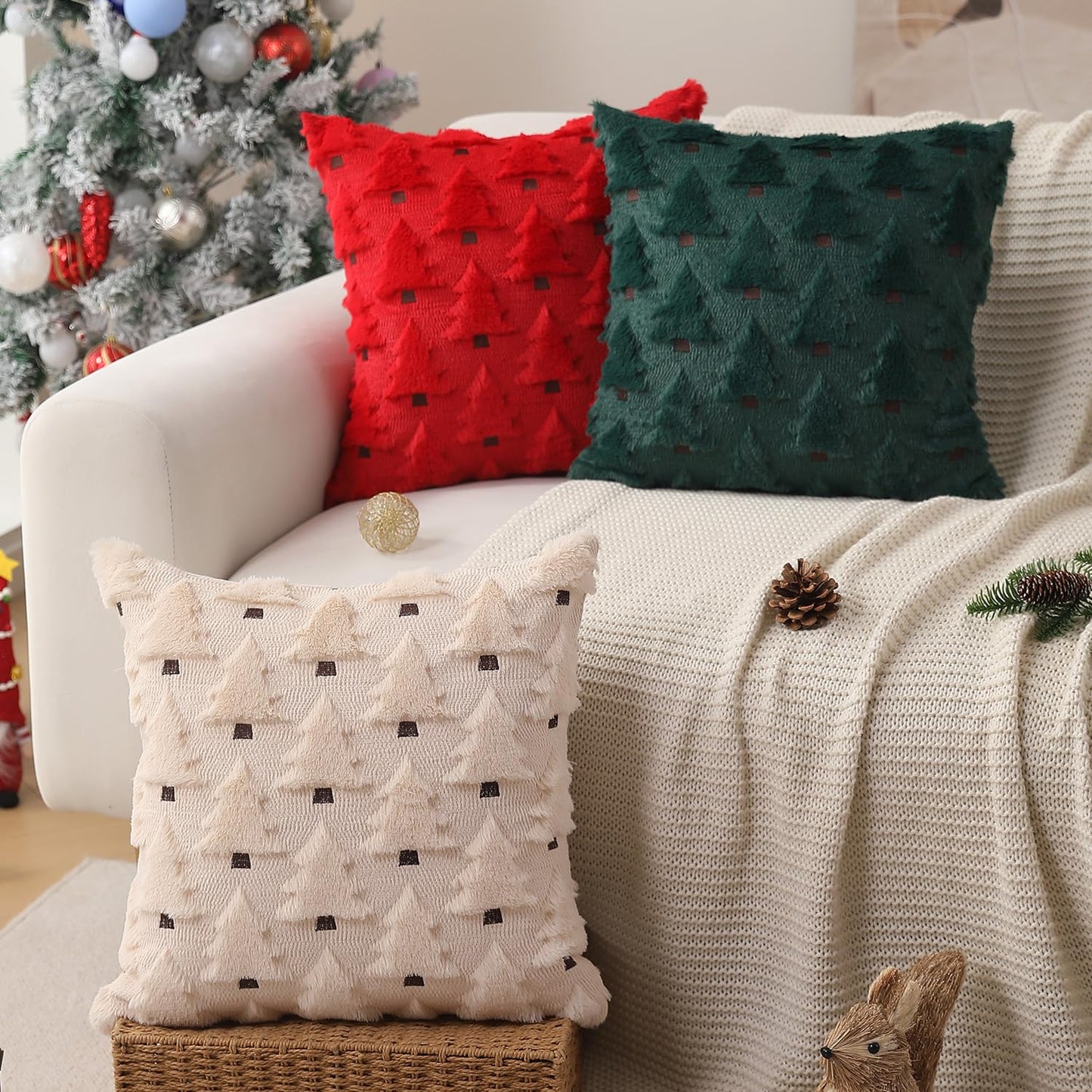 Allorry Christmas Pillow Covers 16x16 inch Set of 2 Xmas Decorations Soft Plush Faux Fur Wool Beige Christmas Tree Throw Pillow Cases Winter Holiday Decor for Sofa Living Room PT-002C16