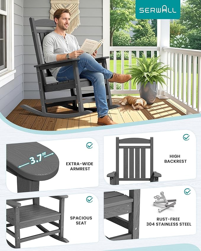 SERWALL Outdoor Rocking Chair, HDPE Patio Rocking Chair All-Weather Porch Rocker for Balcony, Yard, Dark Gray