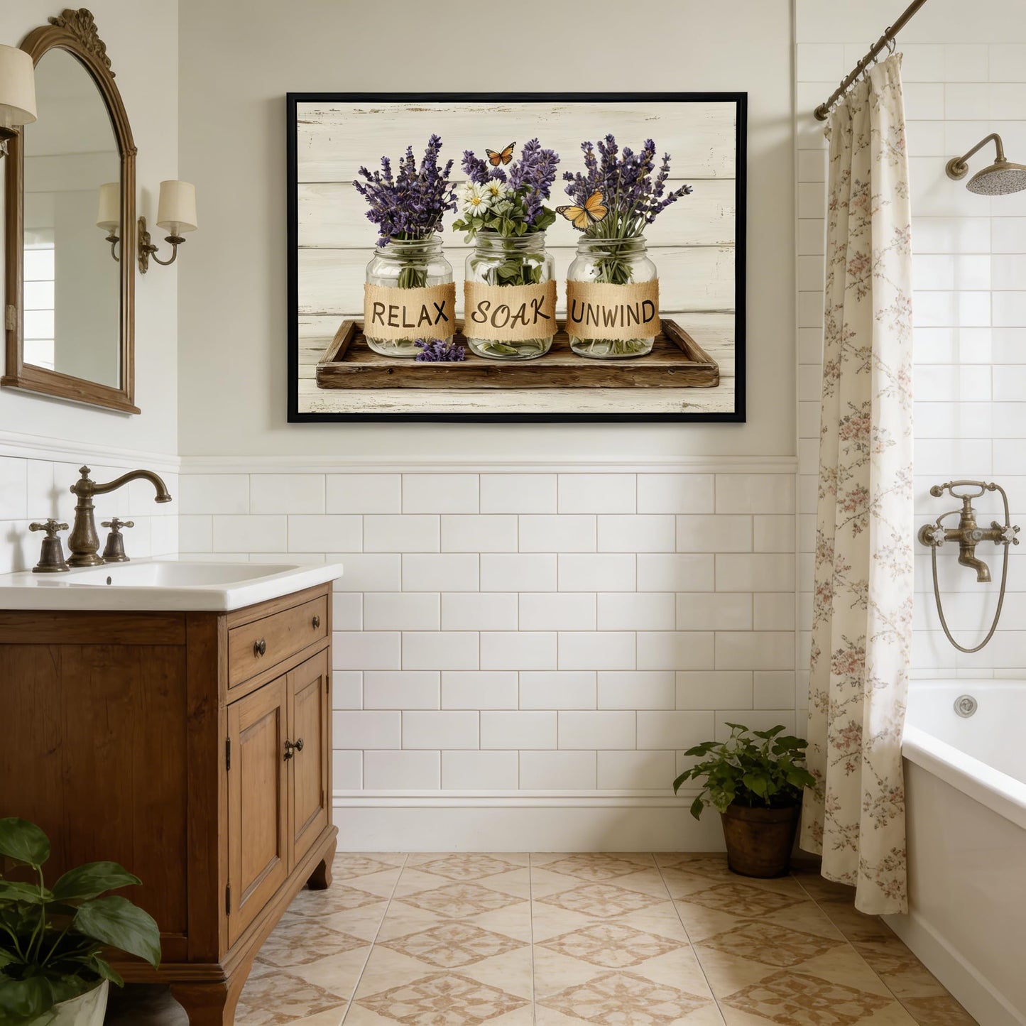 Black Framed Farmhouse Bathroom Wall Art Rustic Lavender Flower Wall Decor Relax Soak Unwind Bathroom Posters Prints for Spa Bathroom 8x10 Inch
