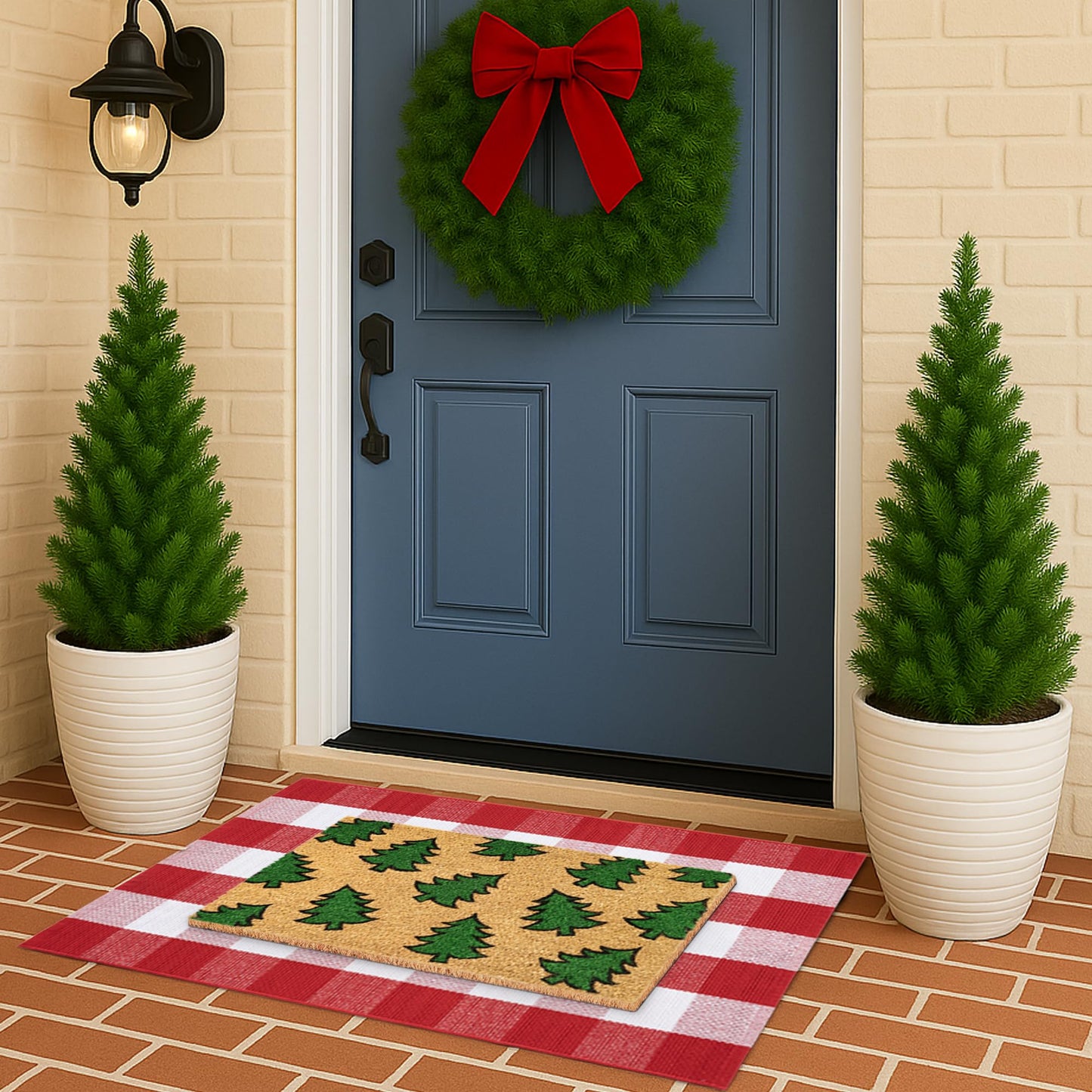 Christmas Door Mat Set 2-Piece, 17"x30" Coir Welcome Mat with Green Tree Pattern and 28"x43" Red White Plaid Rug, Layered Front Porch Combo for Holiday Entryway Outdoor Decor