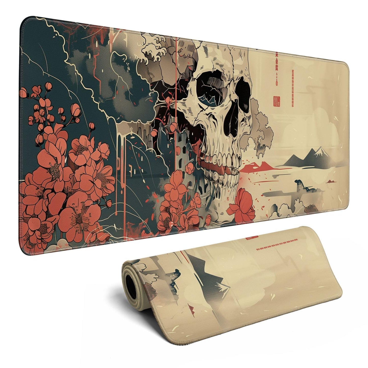 Skull Mouse Pad Japanese Ukiyo-e Mouse Pad XL Anime Big Mouse Pads for Desk Large Gaming Large Mouse Pad for Men Desk Pad with Stitched Edges Non-Slip Large Computer Mat, 31.5x11.8 in