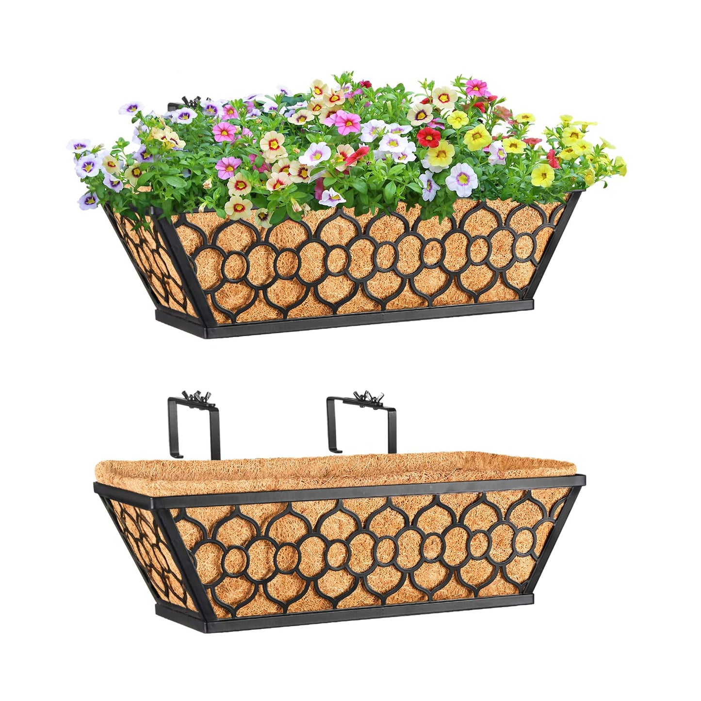 Riare 2 Pack 16 Inch Window Boxes Planters with Coco Liner, Metal Deck Railing Planter Boxes, Balcony Planters Railing Hanging, Horse Trough Window Flower Planter Boxes for Outdoor Porch Fence Patio