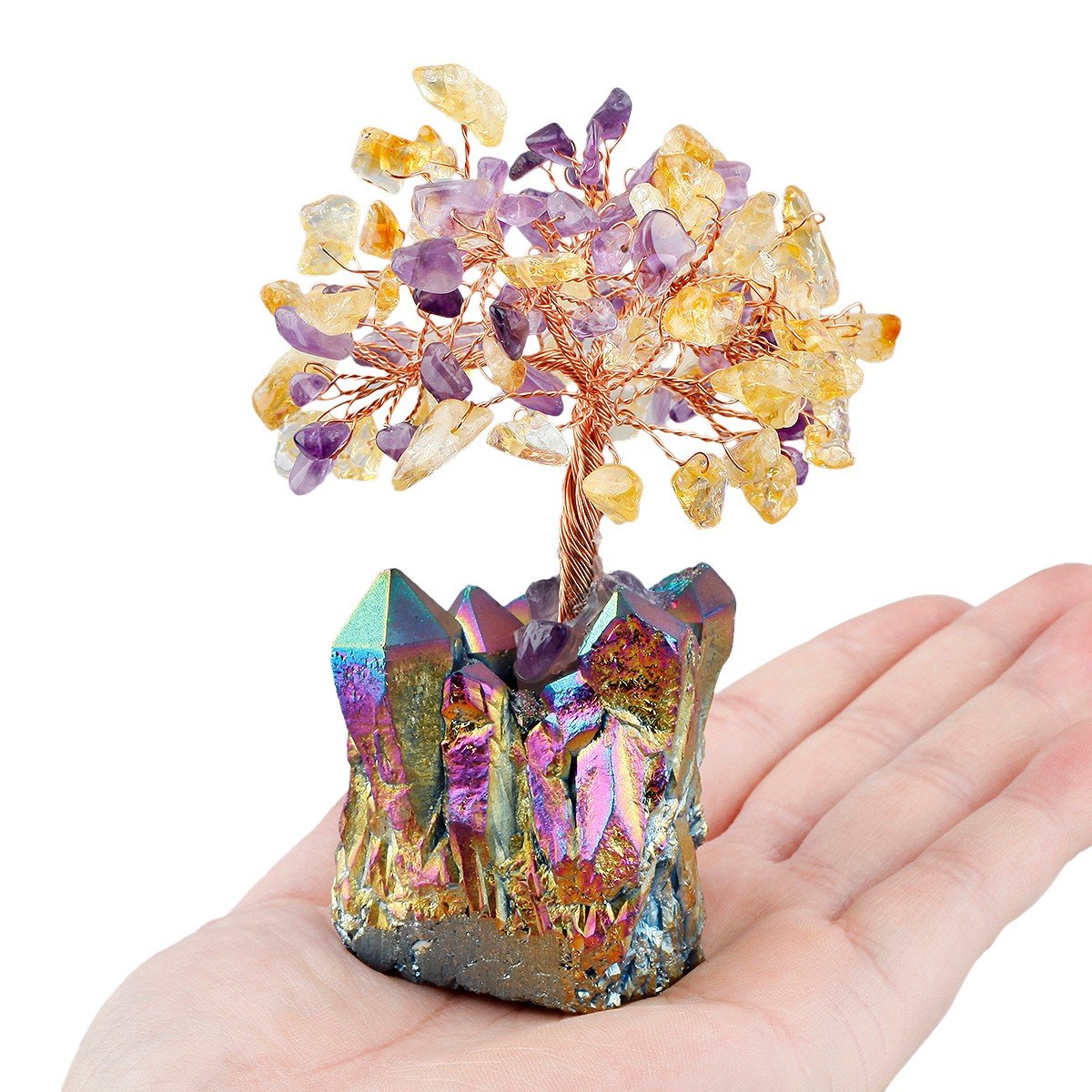mookaitedecor Citrine & Amethyst Crystal Tree, Quartz Cluster Rainbow Titanium Crystals Base Bonsai Money Tree for Wealth and Luck