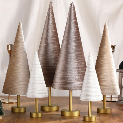 Hoolerry 6 Pcs Christmas Velvet Trees with Gold Pedestal Christmas Velvet Cones Tree Mantel Decor Modern Rustic Winter Home Minimalist for Holiday Entryway Table Wedding Centerpiece(Gold Brown)