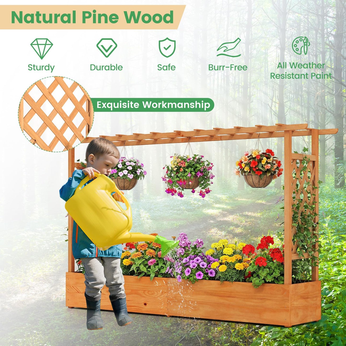 Giantex Raised Garden Bed with Trellis & Hanging Roof, Wood Planter Box with Bottom and Drainage Holes, Freestanding Garden Planter for Flower Vegetable Fruit Herb Climbing Vines (79" x 17.5" x 45")