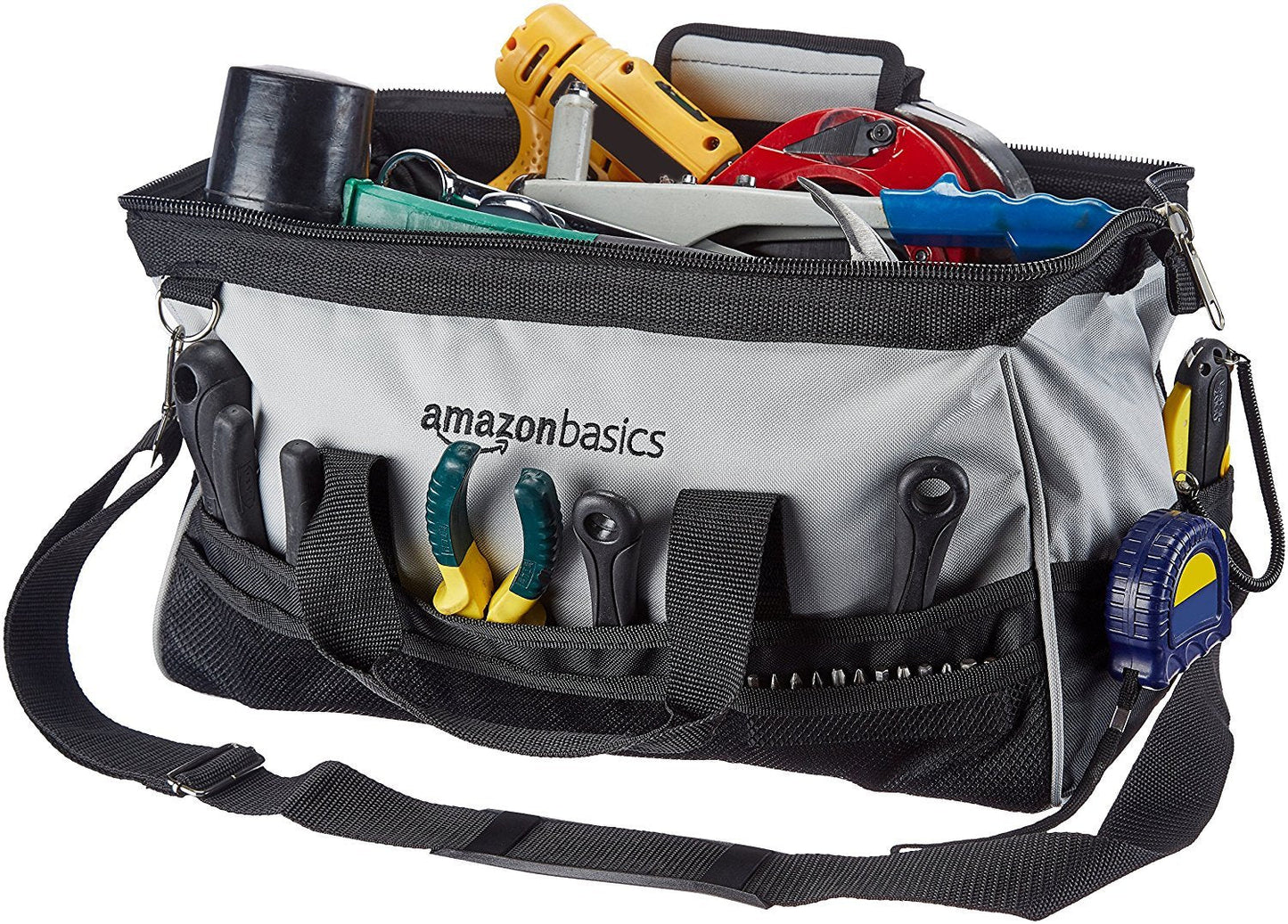 Amazon Basics Durable Wear-Resistant Tool Storage Bag with Adjustable Shoulder Strap,Portable Tool Organizer,16 in,Black & Grey,(Pack of 8)