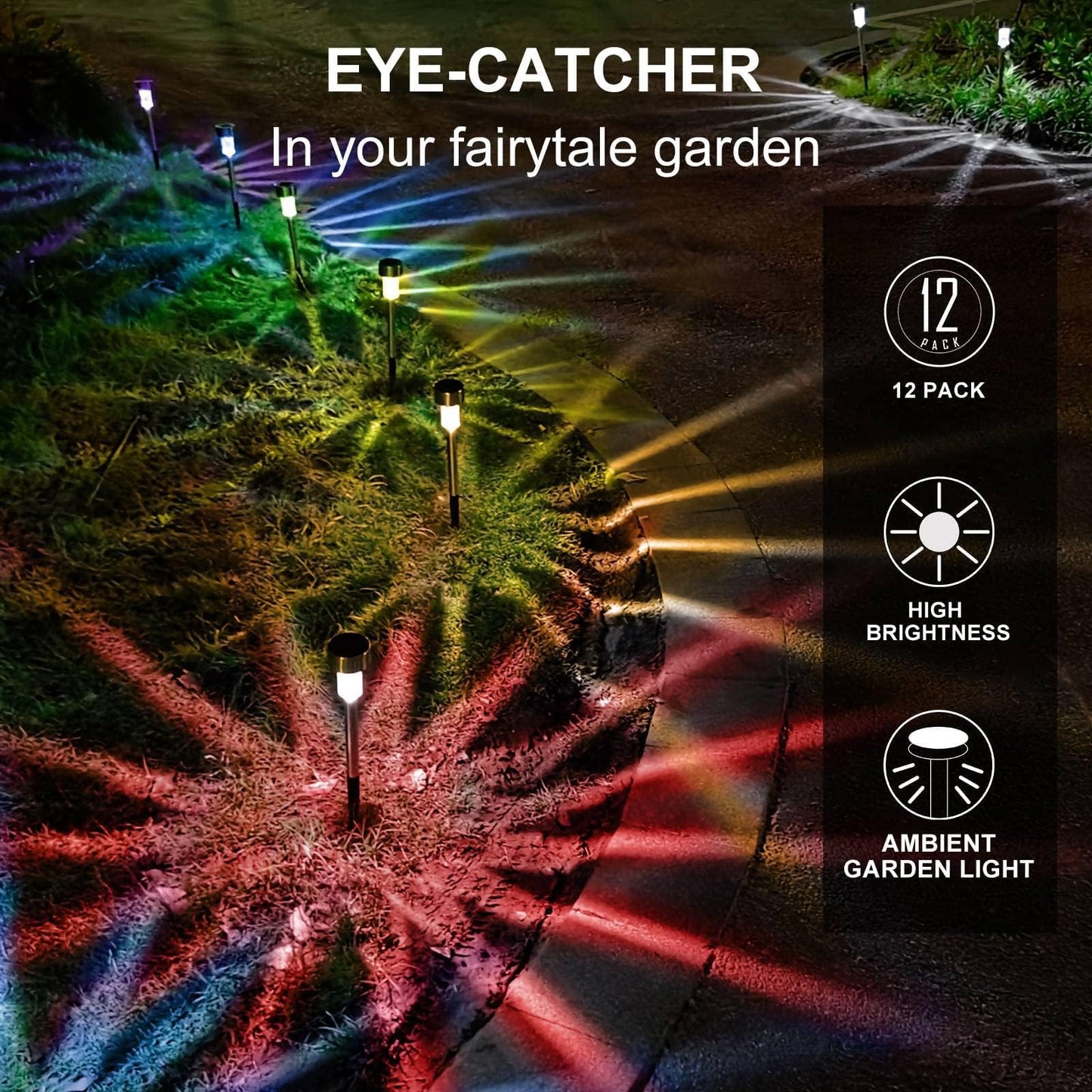 Solar Lights Outdoor Waterproof, Stainless Steel LED Landscape Lighting, Solar Garden Lights Solar Powered, Outdoor Solar Lights for Yard, Pathway, Walkway, Patio , Lawn - 12 Pack ( Multicolor )