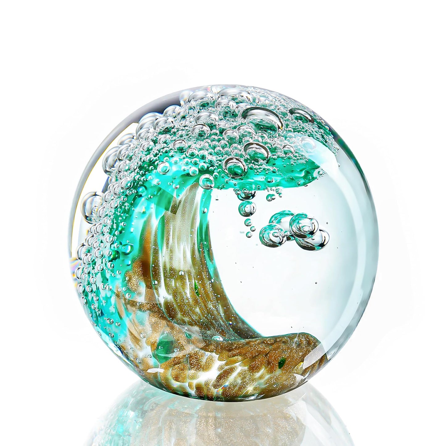 H&D HYALINE & DORA 2.3 Inch Hand Blown Crystal Ball Ocean Waves Glass Ball Paperweight Aquarium Office Decorative Balls Ocean Lovers Gifts(Green)