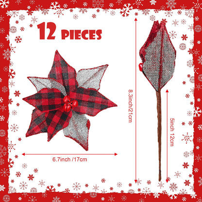 Chuangdi 12 Pcs Buffalo Plaid Poinsettias 6.7 Inches Christmas Tree Ornaments Burlap Artificial Xmas Flower Decor with Bells for Rustic Christmas Tree Wreath Garland Party(Red Black)