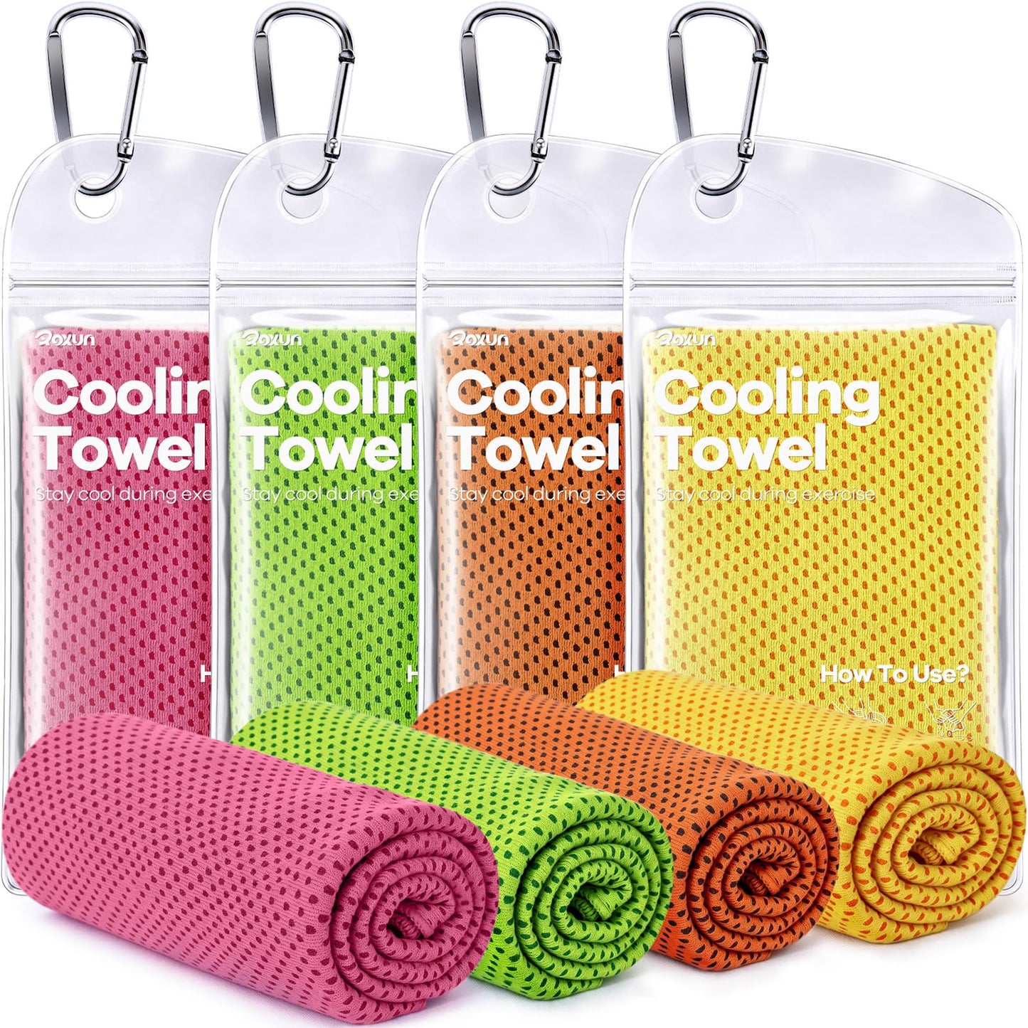 ROXUN 4 Pack Cooling Towels, 40''x12'' Soft Breathable Chilly Neck Ice Towel for Workout Running Golf Pink+Green+Orange+Yellow