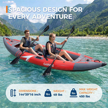 GarveeLife 2 Person Inflatable Kayak，Fishing Kayak for Adults, Portable Touring Kayaks with Padded Seat, 3 Fins, Hand Pump, Carry Bag, Repair Kit，12.5FT/450 LBS Weight Capacity