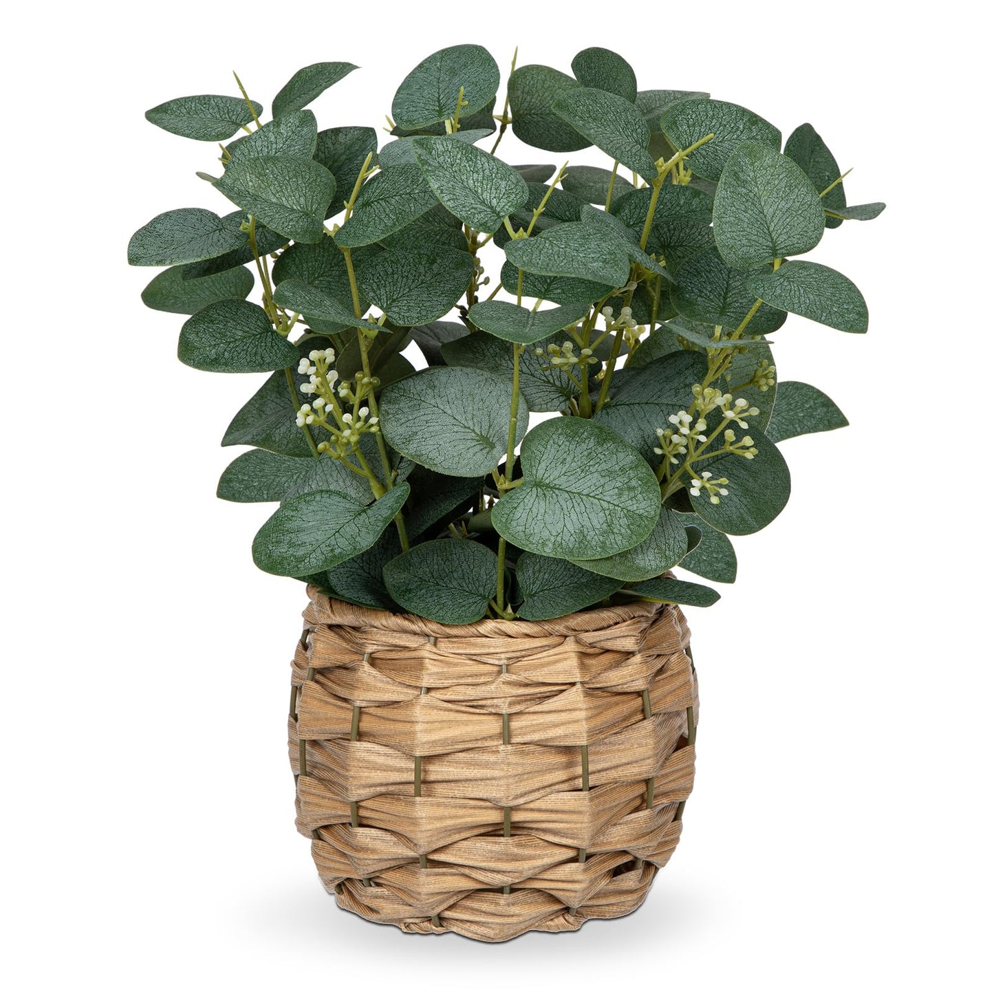 DILATATA Artificial Eucalyptus Stems in Woven Basket Planter, 11" Fake Plant Eucalyptus Leaves with White Seeds Faux Potted Plant Greenery for Table Centerpiece Office Indoor Home Decor