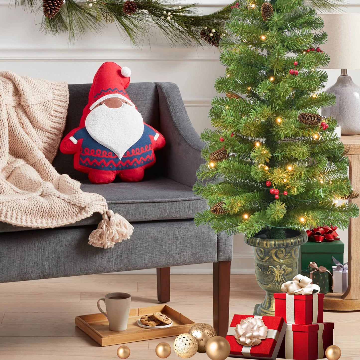 Maylaviu 4FT Artificial Potted Christmas Tree with Lights, Pre-lit Mini Christmas Tree with 50 LED Lights, Small Fake Spruce Tree with 140 Branch Tips, Pine Cones&Red Berries, Battery Operated